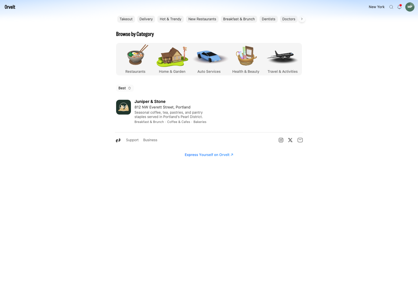 The Storefront home page shows category controls above a list of local businesses.