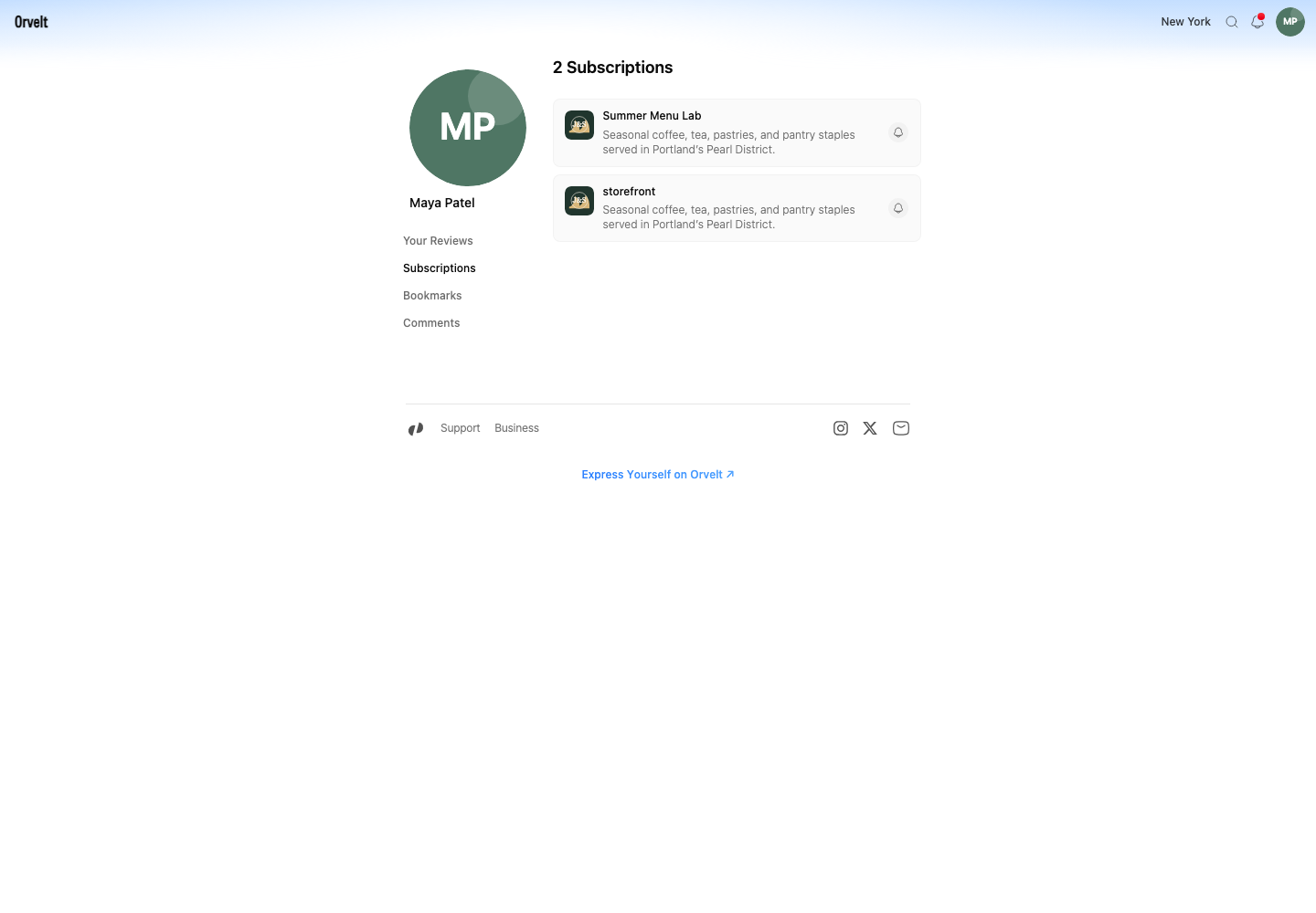 The Subscriptions tab lists a saved store and a saved business project.