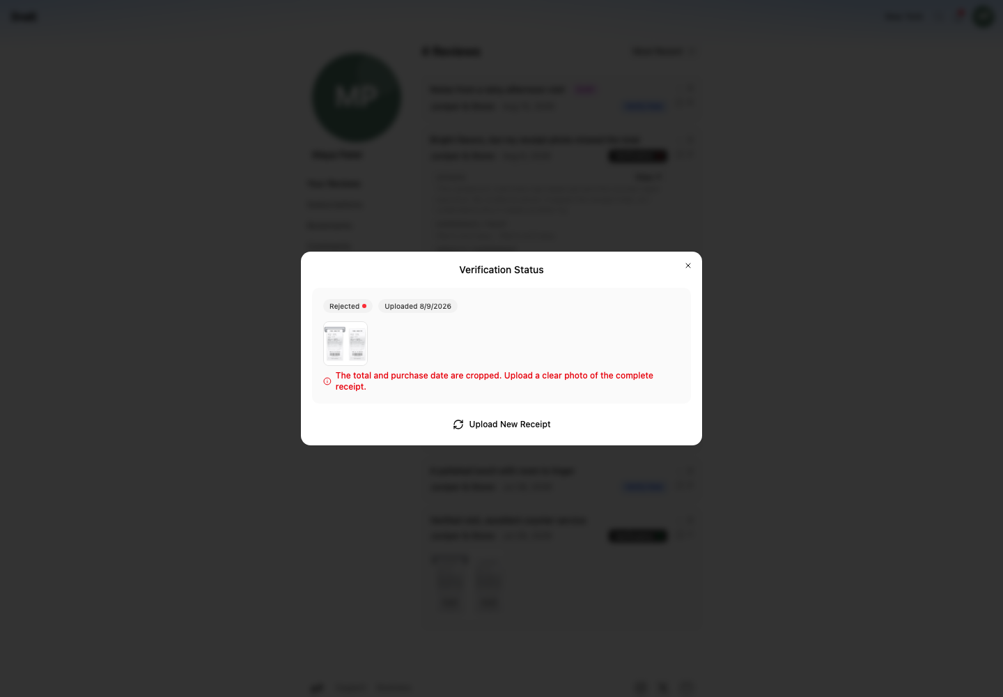 A rejected verification explains the problem and offers an Upload New Receipt button.
